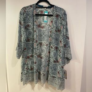 Laira Crochet Trim Open Front Woven Top